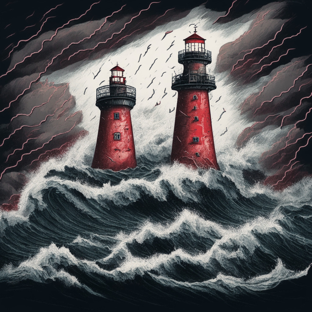 Depiction of a turbulent stormy sea representing the Cryptocurrency market upheaval, liquidation cascade wiping value off Ether and BTC in dramatic waves, with stormy gray skies suffused with enthralling crimson hues, Despair embodied in a sinking ship, a daunting $1 billion figure. In this tumultuous setting, the gleam of a lighthouse standing resilient suggests the $26,000 support level. Rendering in the style of an atmospheric romantic-era painting, loaded with feelings of uncertainty yet laced with a silver lining of optimism.