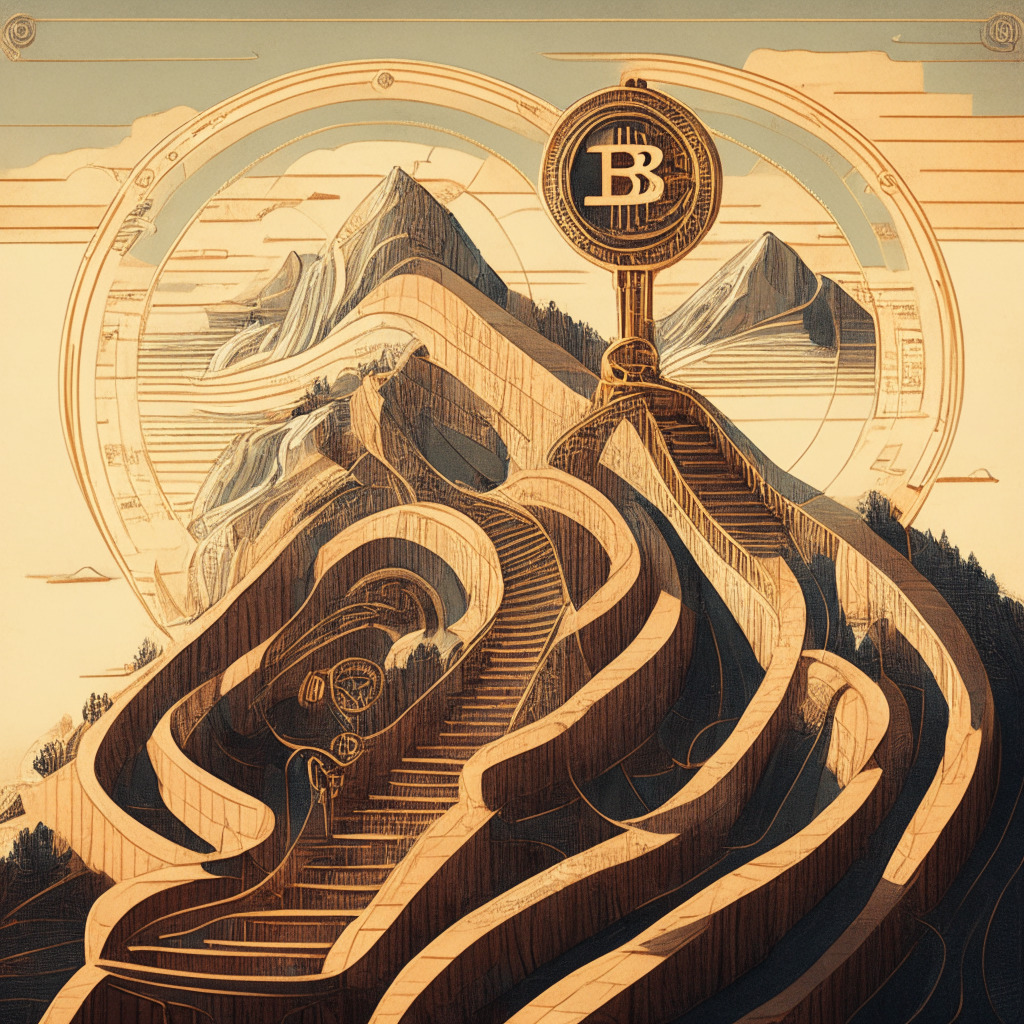 A grand rollercoaster representing the ups and downs of the crypto market, Bitcoin on top of a hill with $26,200 engraved on it, a speech podium, and documents hinting at interest rates and bond yields in soft evening light. Style: Art Nouveau. Mood: Anticipation, Mixed Feelings.