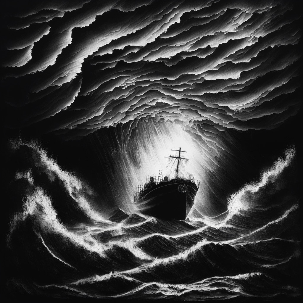 An abstract depiction of a tumultuous storm representing the crypto market, specifically focusing on a ship engulfed by waves symbolizing XRP's resilience despite decline. Monochrome palette, dark shadows for the declining value, silver linings representing hope and resilience. Give a sense of volatility, mirroring the bearish market mood, turbulent ocean symbolising the high risk involved. Light source from a lighthouse in the distance conveying Wall Street Memes as another promising opportunity.