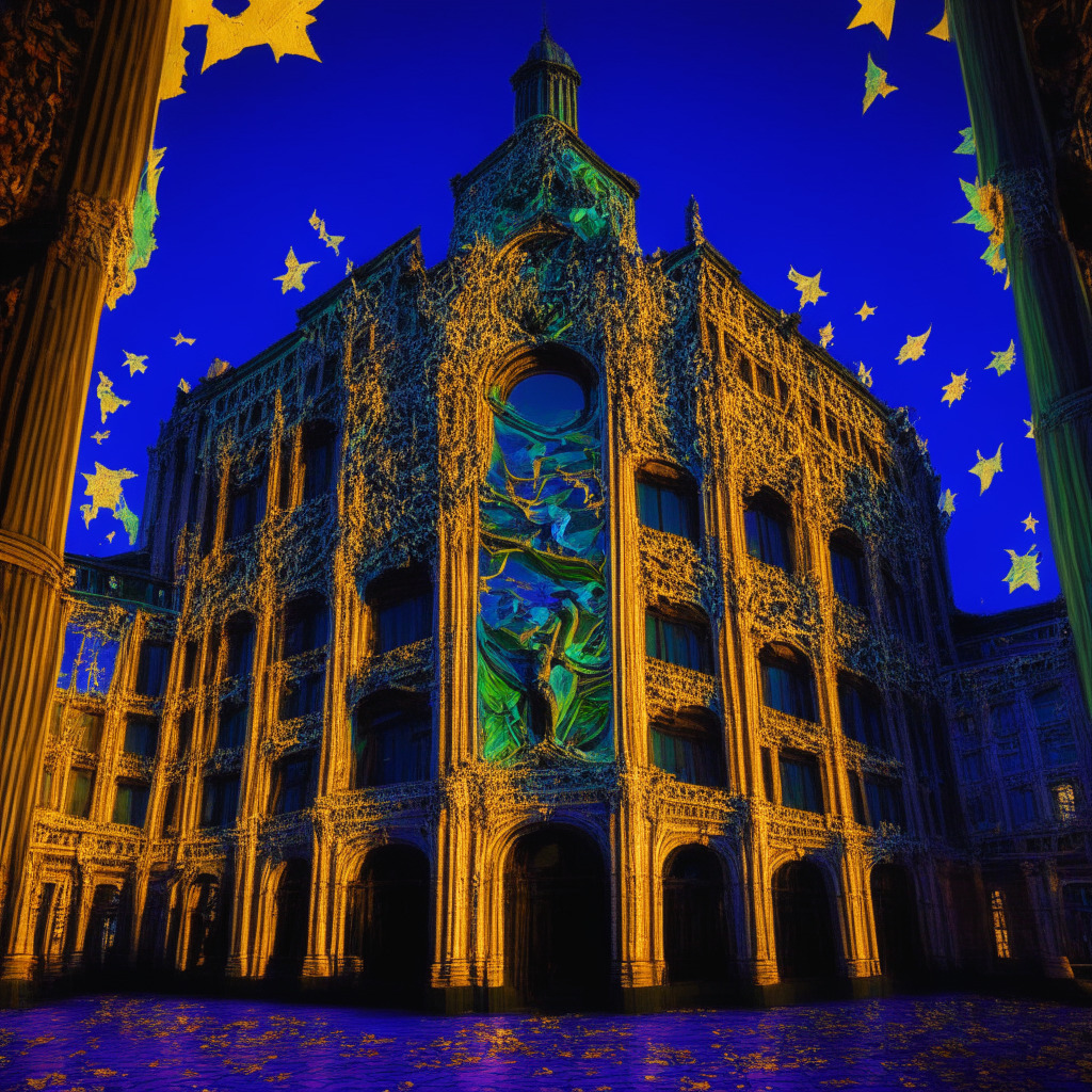 A vivid scene of a large, old-fashioned European Parliament building in Strasbourg, France, illuminated in warm daylight. Dense foliage surrounding the classical edifice, an air of solemnity bathed in Romanticism. The extensive chamber interior casts shadows, alluding to opaque crypto transactions. Hundreds of abstract figures huddled around vibrant, holographic screens displaying imagery of cryptocurrencies being regulated. A quill pen signs a document, signalling the commencement of DAC8 enforcement. Overarching mood: anticipation and commitment.
