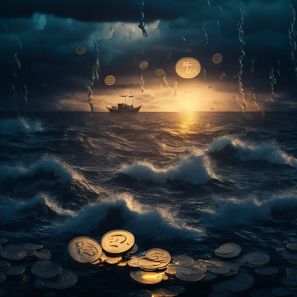 A stormy financial seascape at dusk, illuminated by the subtle glow of a sinking sun. In the foreground, wavering cryptocurrencies symbolised by ethereal, semi-transparent coins – Bitcoin, Ethereum, Binance Coin, and XRP. The coins are descending, mirroring the volatility of the crypto market. In the roiling sea below, sunken and distressed coins represent the troubled FTX exchange, while emerging from the depths are representations of Kaspa and Wall Street Memes, glowing with potential. The rear is dark and foreboding, hinting at the unpredictability ahead, with the ominous shadow of the 'Death Cross'. The overall mood of the image is tense and uncertain, capturing the market turbulence and hidden opportunities within the crypto storm.