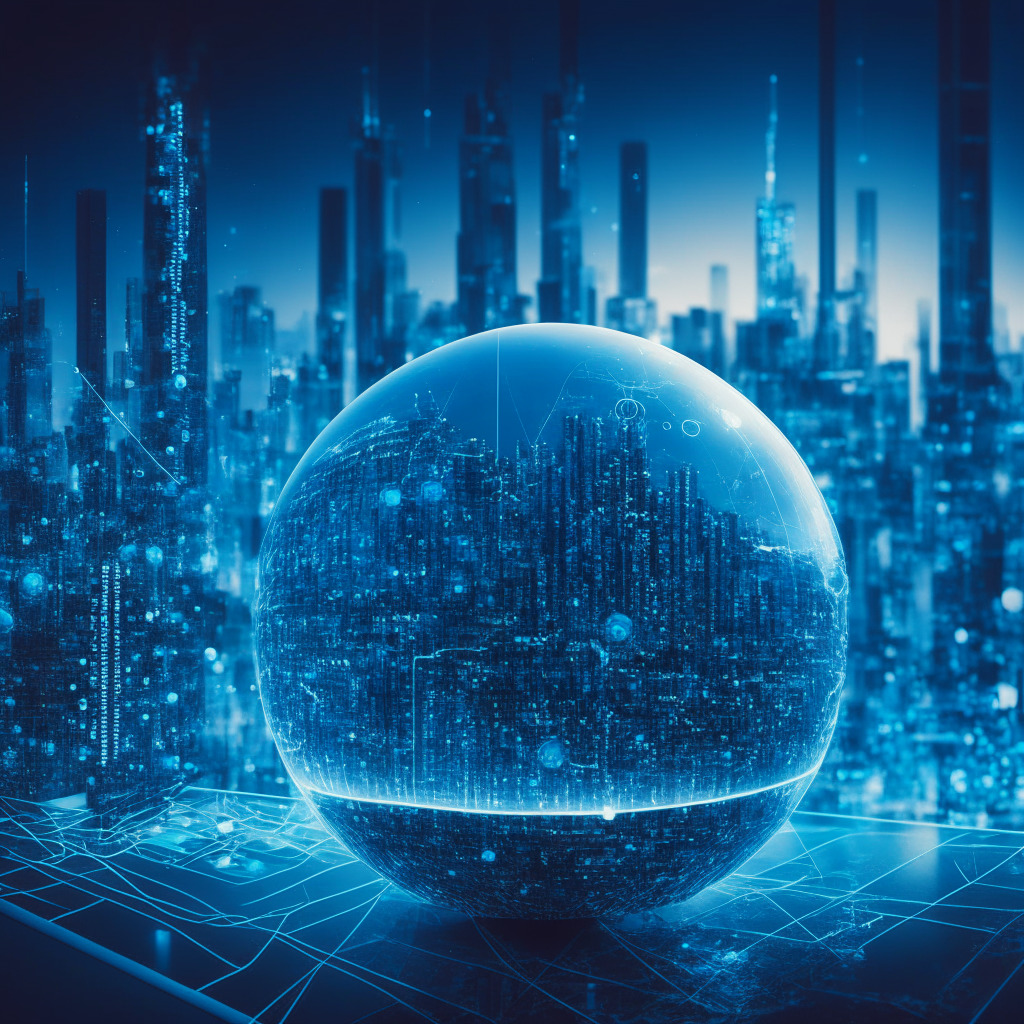 A futuristic cityscape bathed in glowing blues and silvers, arcing digitally-connected networks symbolizing a blend of finance and artificial intelligence. Intermingled are various digital icons: a crystal ball, graphs, a YPRED token, emphasizing a data-driven, innovative landscape. Mood: contemplative yet promising, lit in the soft hues of dusk to symbolize potential and a cautionary approach.