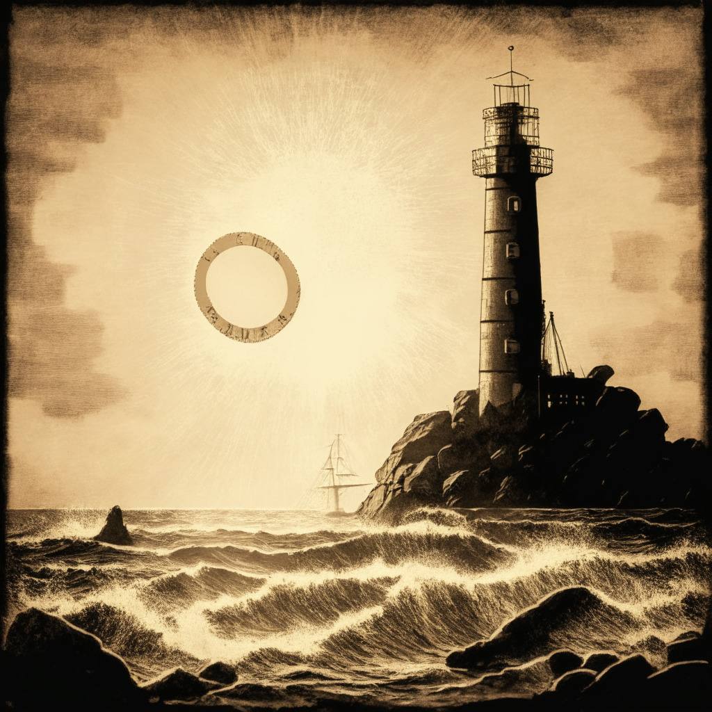 A sepia-toned image, symbolizing a tumultuous cryptocurrency market. Centered is a rocky ship on turbulent seas, symbolizing volatile Bitcoin prices. In the background is a lighthouse, representing the potential stability & profit for patient investors. Sky filled with halved bitcoins, nodding to Bitcoin's halving cycle. Setting sun casts a faint but promising light, indicating the market's potential recovery.