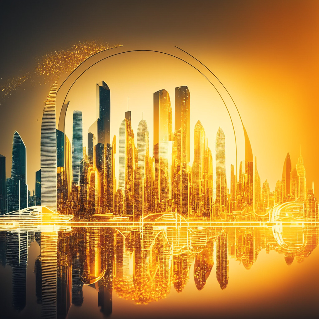 Futuristic cityscape of Singapore bathed in warm, golden light, representing its status as a fintech hotspot, Digital waves representing crypto assets flow through city's skyline. At the heart of the city, a sapphire-tinted, abstract emblem denoting secure, bank-grade digital custody service. Scene is imbued with nuance of anticipation and novelty, highlighting the evolving financial ecosystem in playful post-impressionistic style.