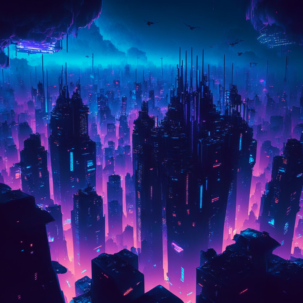 An enormous futuristic cityscape at twilight illuminated by soft, low-hanging neon lights. Skyscrapers, with digital displays, are silhouettes against a cloud-studded, indigo sky. A multitude of digital beings are engaging in various activities, symbolizing dynamic interaction. It's viewed from a bird-eye perspective, accentuating the city's magnitude. Cyberpunk style with alluring mystery, reflecting the paradox of a promising yet controversial digital economy. Mood is a fusion of anticipation and tempered caution.