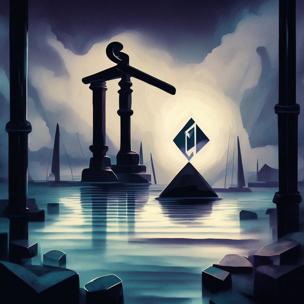 A fresh approach to cryptocurrency investment set under a dim, moody twilight. The scene is an abstract representation of an Ethereum coin and a gavel, with the gavel representing SEC approval. Artwork should take inspiration from cubist art, emitting an aura of anticipation and suspense. A bridge in the background signifies the bridging of regulatory gaps.