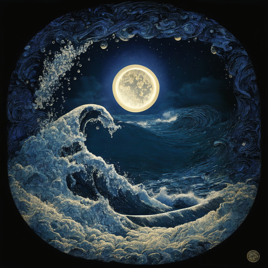 A surreal, graphic novel style image of a turbulent ocean under an indigo moonlit sky, representing ebb and flow of cryptomarket. A large, once radiant 'AVAX' coin descending into the depths, generating bubbles capturing it's fluctuating value. BTCBSC as a rising crescent moon, radiating golden light suggesting passive income. Tone: Mysterious, exciting.