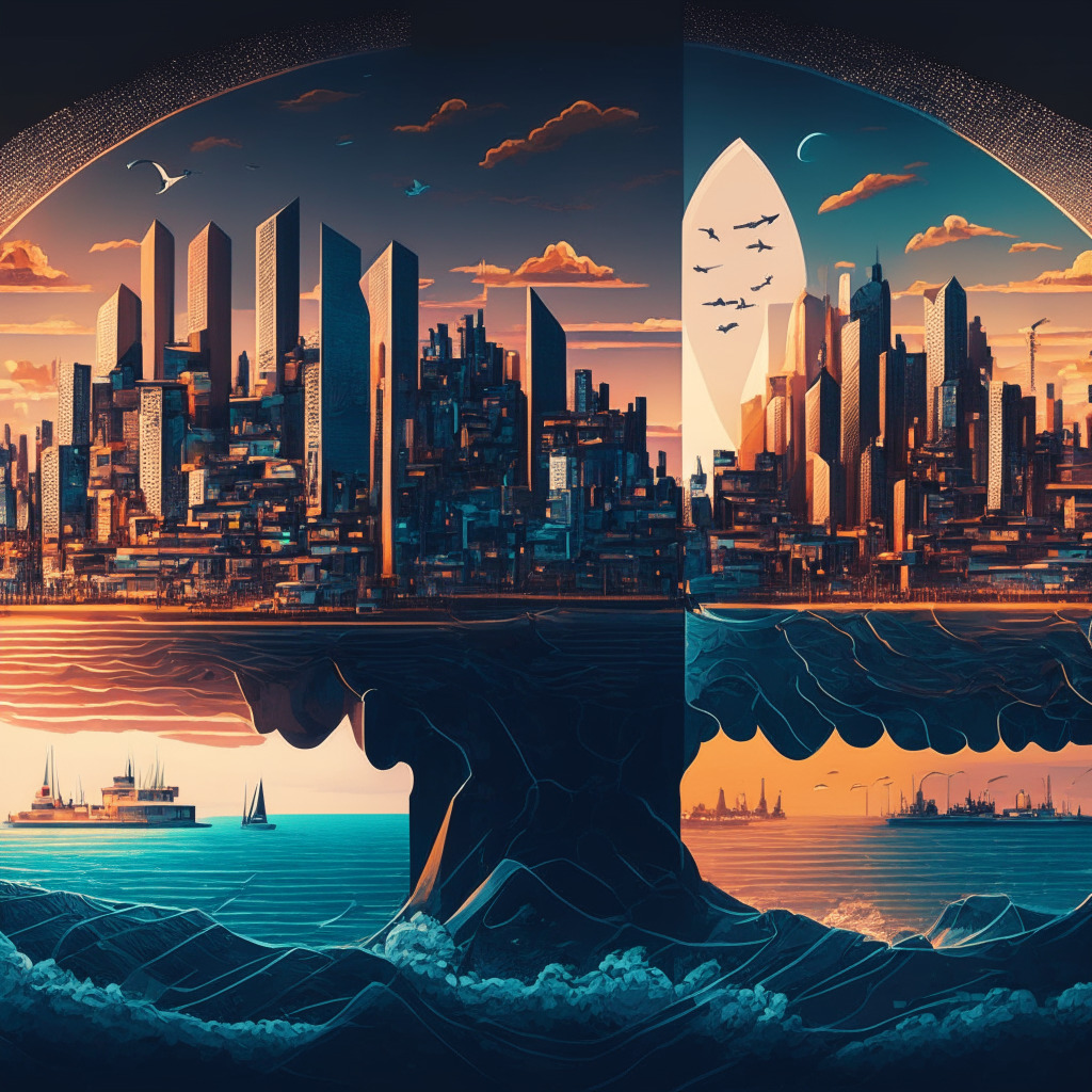 A detailed view of a split financial landscape at dusk, where a traditional coastline with classic banking structures contrasts against a vibrant, futuristic cityscape illustrating cryptocurrency. The crypto side consists of blockchain inspired architectures, abstract representations of NFTs, stablecoins, security tokens. The mood is a tense balance between cautious anticipation and vigorous innovation.