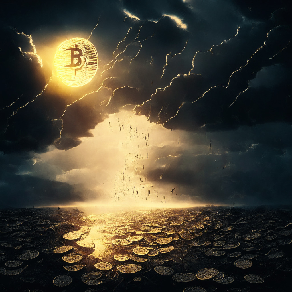 A stormy economic landscape with dark, ominous clouds representing dwindling venture funds. In contrast, a rising sun signifies the emerging dominance of AI, casting a radiant glow on a path leading towards it. Strewn about are symbols of fallen crypto coins, while a few are morphing into shimmering AI elements. Mood is tense, the style symbolic, with a hopeful dawn on the horizon.