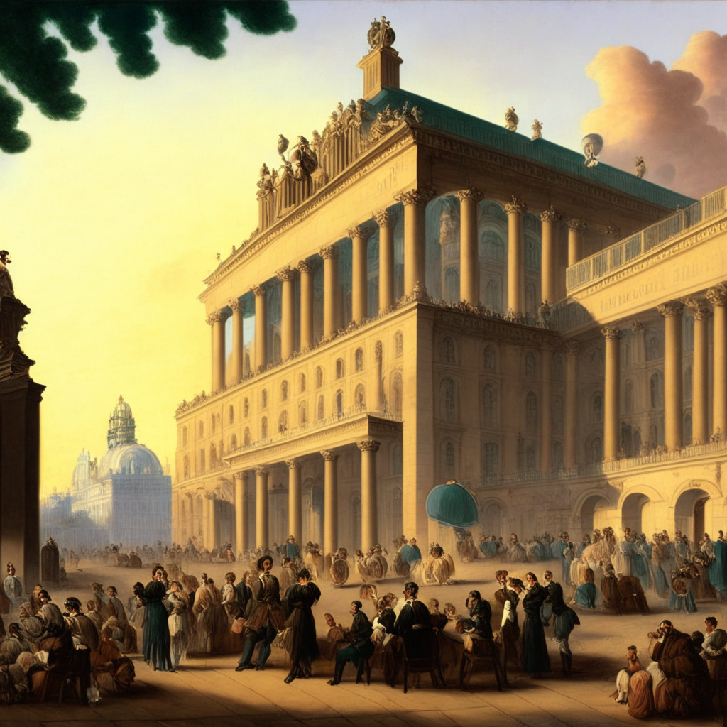 A 19th-century French style painting depicting a grand government building labelled 'Financial Regulation', with influencers engaging in financial discussions in the foreground. The scene evolves in early evening, under a pastel-colored sky projecting a serene mood to the scene, reflecting new regulations overseeing 'finfluencers' in France. Rays of evening light subtly hint at the cryptocurrencies, divinely illuminating those who bear the certificate.