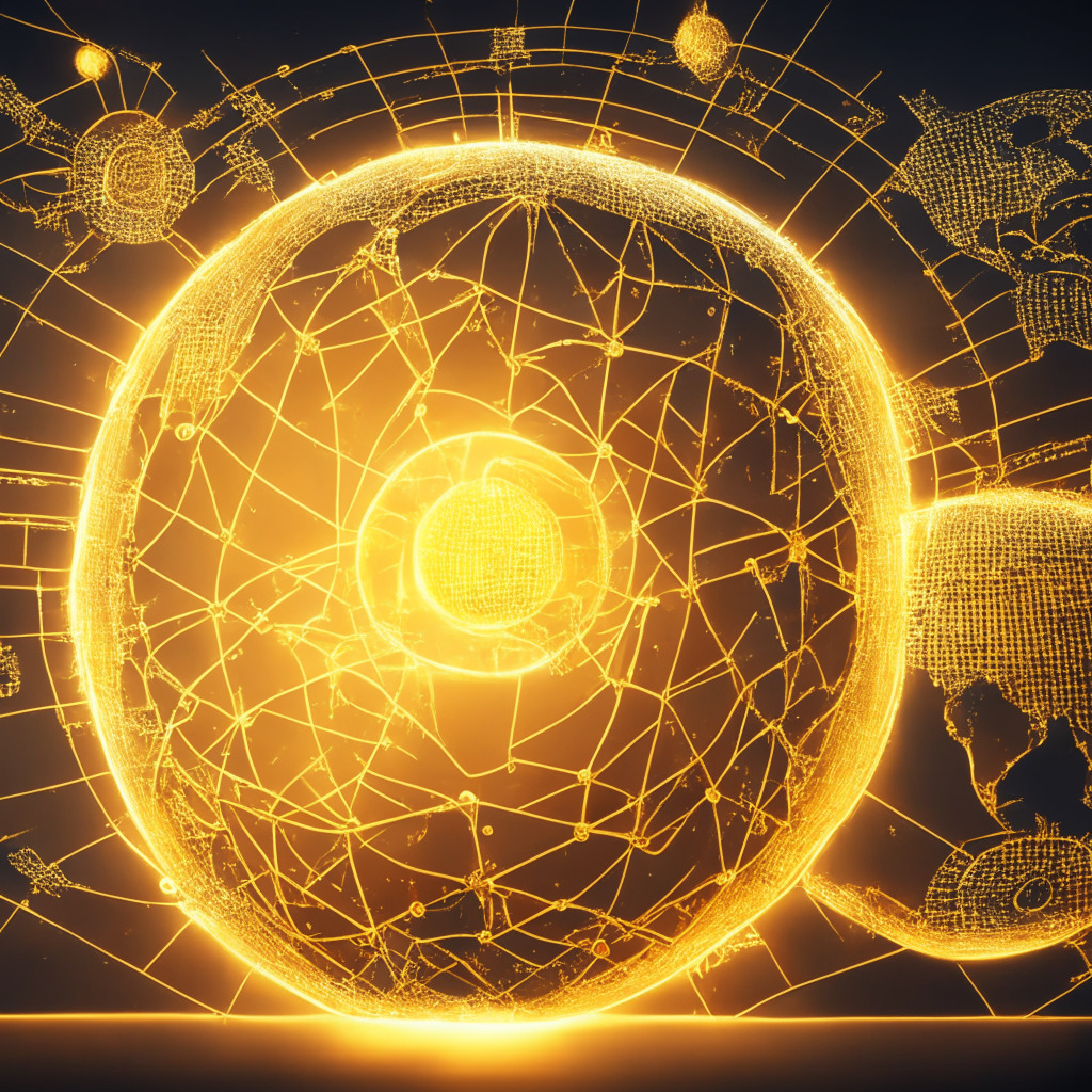A detailed scene with an abstract visualization of a blockchain network, illuminated with golden sunrise light, casting an optimism on cyberspace. In one corner, there's an AI eye signifying innovative decision-making capabilities. In another, a globe represents the international growth of Ripple paired with tactical hire diagrams. At the center, tactile Ethereum-like coins depict the reduction of transaction costs on BNB chain. Shadow of a wallet emblems the launch of TON Space and MiniPay, while teal and rust washes bring an esoteric feel, expressing stanced regulatory frameworks. Finally, a tree with money leaves, represents WisdomTree's strategic growth.
