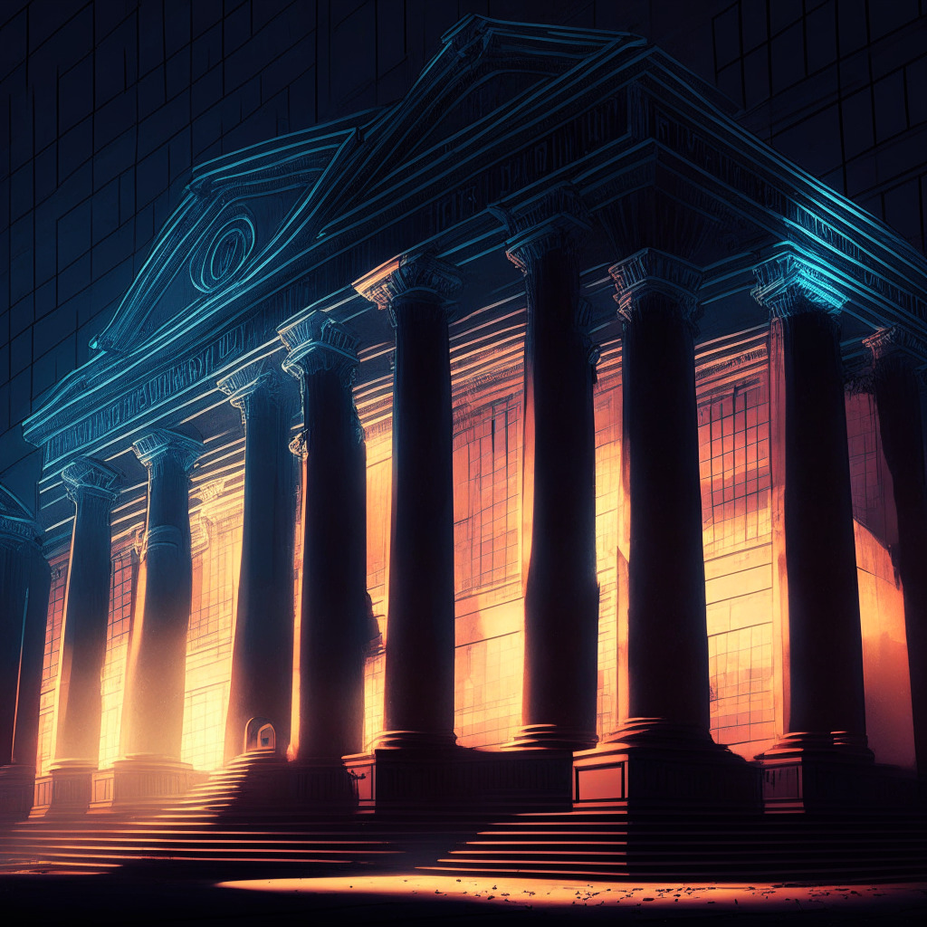 A Courthouse façade illuminated by a light glow of dawn, representing the current lawsuit between Ripple and SEC. Shadows provide contrasts, depicting the uncertainty in crypto regulations. A pathway suggests future settlements, in an impressionistic and slightly solemn style. Digital tokens are scattered, some are bright, symbolizing prospective winners amidst the turmoil.