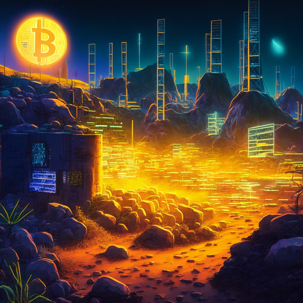 Future-focused landscape depicting advanced Bitcoin mining, bristling with next-gen machinery like Antminer S21, illuminated under the glow of gentle solar-powered lights radiating across the sustainable development. A mood of cautious optimism permeates the scene with vibrant hues representing industry evolution and the slow but steady shift towards renewable energy. Artistic style should emulate futurism, emphasizing clarity and efficiency.