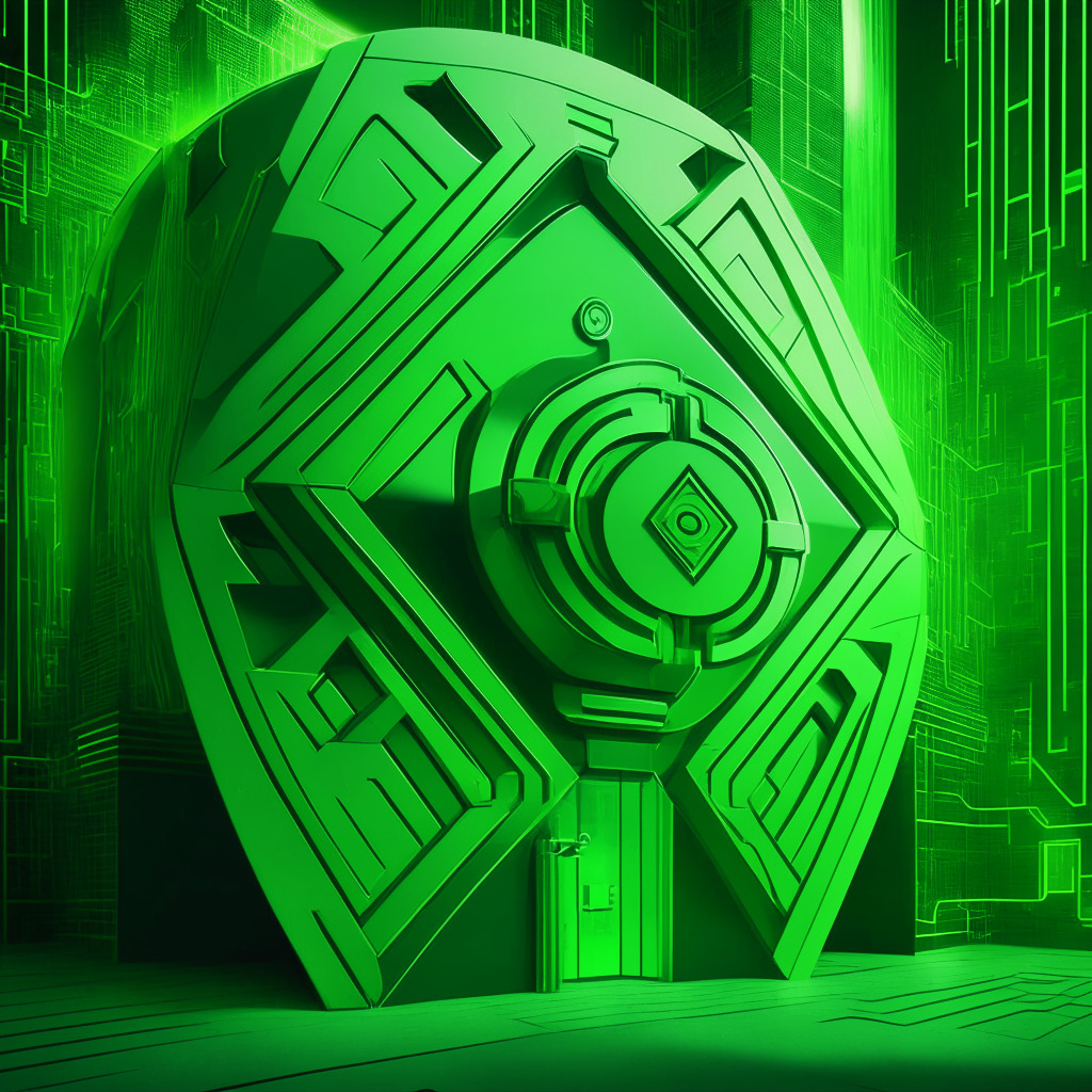 An abstract depiction of a green bond emerging from a Dutch-style modern bank building, stylised as a polygon, symbolising blockchain. The atmosphere is neo-futuristic, pulsating with encoded numbers and circuits in soft, green glow. A vault door in the background represents security. A side element showcases a visible error, perhaps a misplaced number or symbol, signifying the lurking pitfalls. Mood is forward-looking yet cautious.