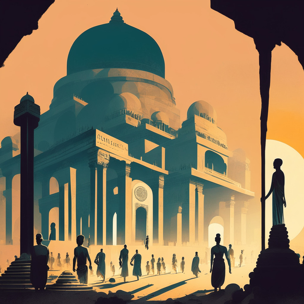 A surreal, metaphorical image embodying the essence of the Coinbase saga in India. A large, futuristic digital currency market bustling with activity, met by an imposing, traditional structure signifying Indian regulatory bodies. Subdued light, intense shadows, suggesting tension and regulatory struggles, transform to radiant, hopeful dawn light, marking the changing crypto landscape. Pastel hues lend a dreamy, hopeful mood. A juxtaposition of modern tech with traditional motifs, suggesting negotiation and adaption.