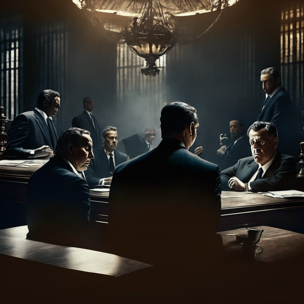 An intricate courtroom drama: former CEO Alex Mashinsky deep in discussion with stern-faced lawyers, under the heavy shadow, symbolizing accusations & legal burden, in Baroque chiaroscuro style. Hints of tension &justice scales on a table indicative of ongoing battle, cityscape in the background illustrates a fintech arena anxiously awaiting the judgement.