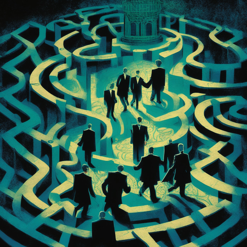 An evening hued, monet-style painting depicting central bankers navigating a complex labyrinth symbolizing political opposition, a digital euro held up as their guiding light, signifying the establishment of CBDCs. A shadowy, conspiratorial background scene projects the public fear and skepticism, invoking a pensive mood.