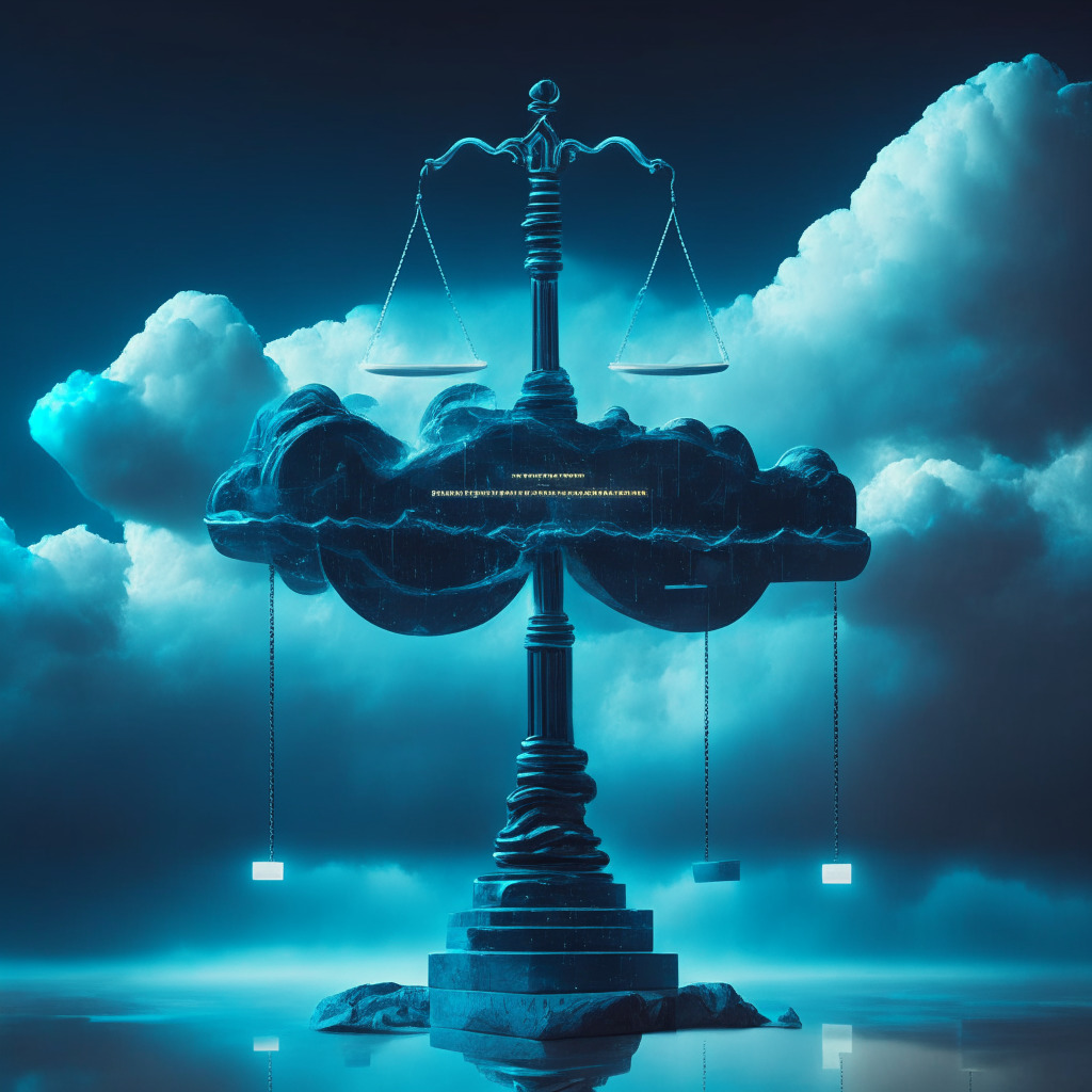 A cloudy tableau illustrating the tension between innovation and regulation, a colossal gavel poised over a network of futuristic, glowing digital structures, symbolizing DeFi technologies. The balance beam of justice divides the scene, the mood is intense and uncertain. No logos or brands.