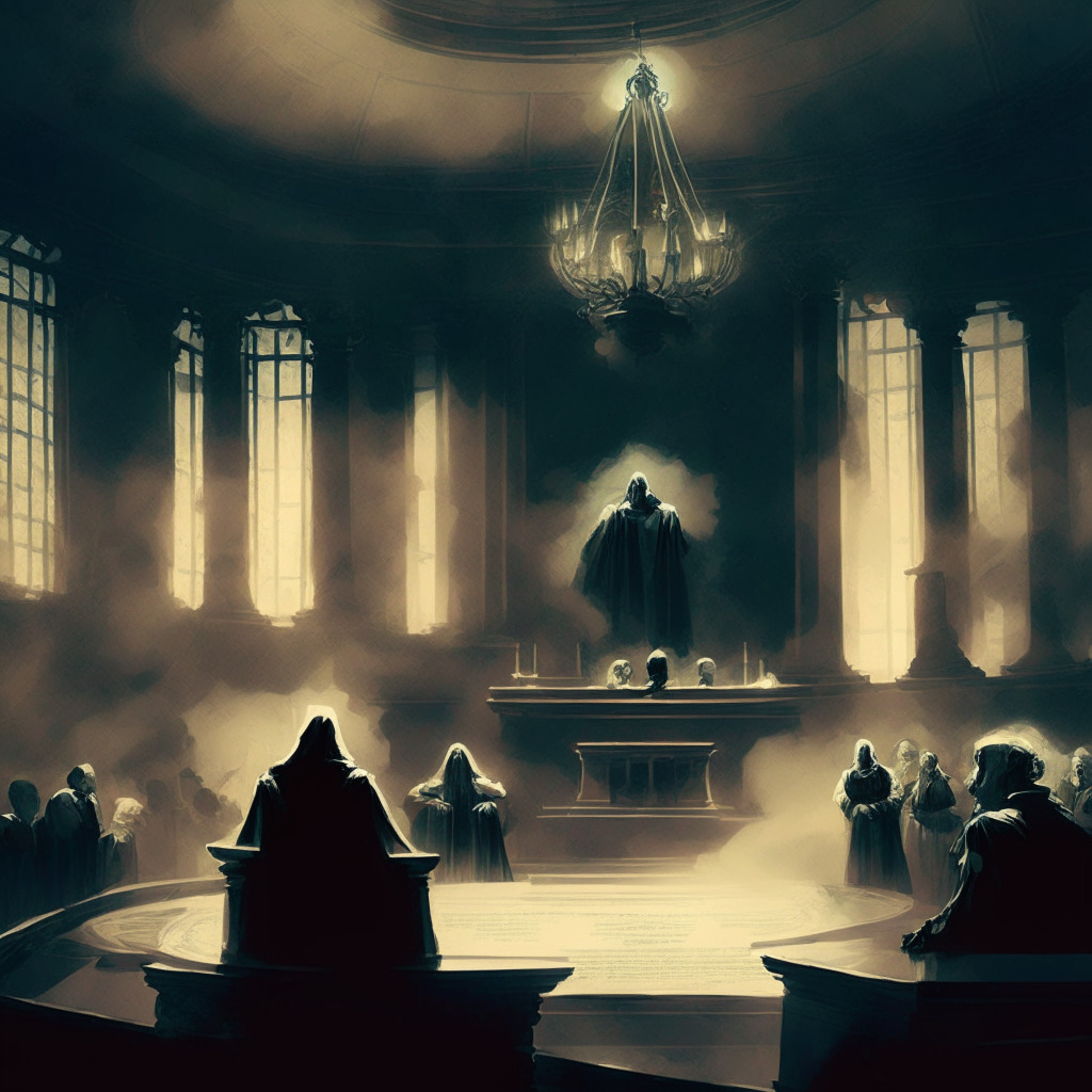 A dimly lit, solemn court scene painted in baroque style, Ethereum and Bitcoin depicted as key actors, they're debating before an ambiguous figure representing the SEC. A foggy boundary line separates securities from non-securities behind them. The mood is tense yet hopeful, representing the regulatory murkiness and future uncertainties in crypto regulation.