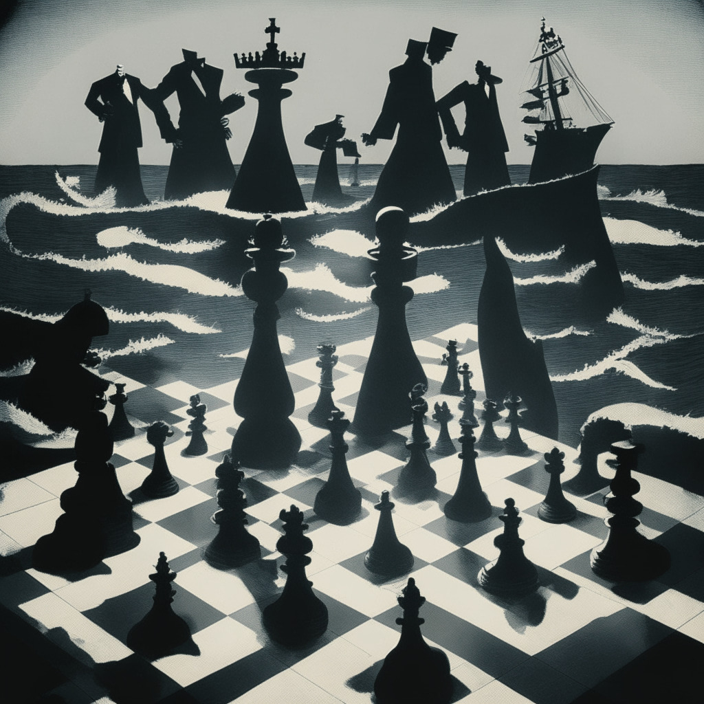 A high-stakes, game-of-chess scene under a challenging light casting long shadows, featuring symbolic figures of finance industry, regulators, and a large-scale exchange, portrayed in a tense grapple on a turbulent sea. Style: German Expressionism. Mood: tension in the face of disruption.