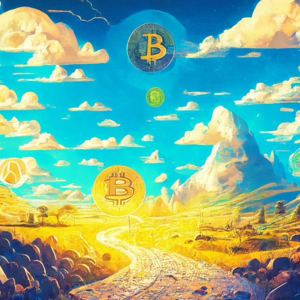 A vast diverse digital landscape of different cryptocurrencies under a shining sky, metaphor for the broad scope of blockchain use cases. In the foreground, a pathway leading to Bitcoin and another expanding into multiple directions symbolising crypto diversification. Art style: impressionistic, with Harmonious color scheme and mild light setting. Mood: optimistic, adventurous.