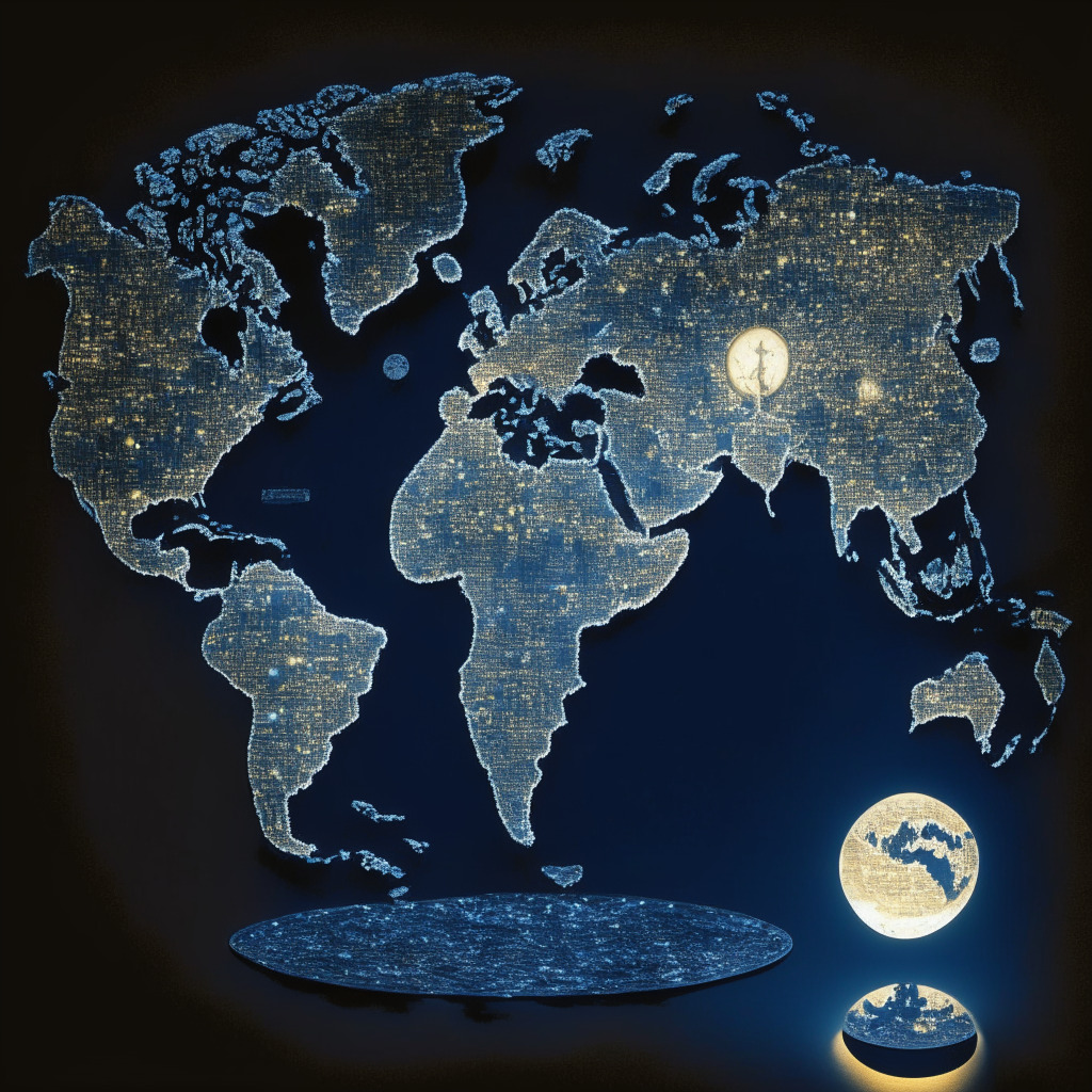 A global map bathed in moonlight symbolizing international cooperation and global regulations. It prominently features India under a golden spotlight, depicting its pivotal role. The shade of cryptic blues and silver, juxtaposing the weight of crypto regulations. Crypto coins interspersed sporadically, symbolizing the dispersed nature of cryptocurrencies. A torch inset representing the G20, exuding cautionary amber light, indicating uncertainty, regulation ambiguity.