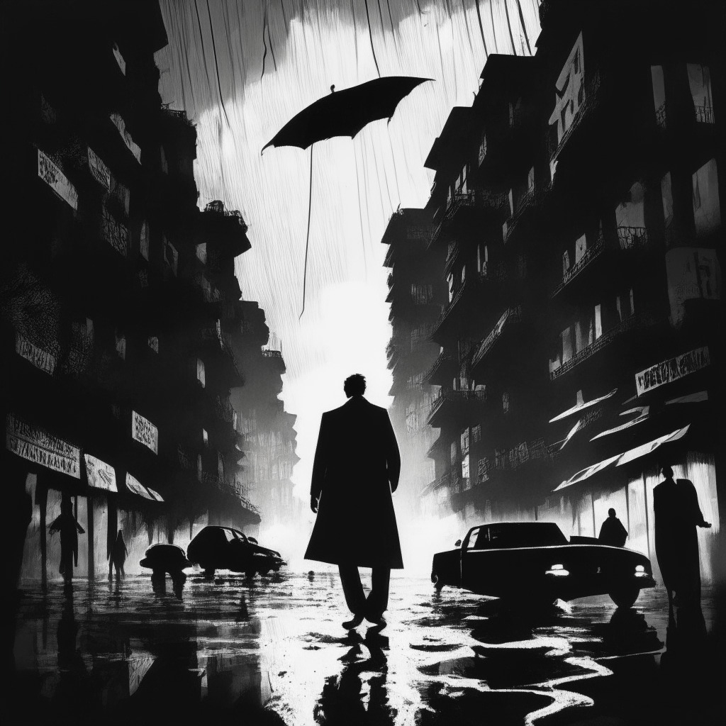 Shadowy, chaotic streets of India under a stormy sky, the air rife with confusion, representing the national turmoil over crypto fraud prevention. A silhouette of a forensic expert confronting a monstrous, abstract representation of crypto crime, signifying the struggle against undefined rules. Include a rising wave made from coins, indicating the surge in scams. Artistic style: Film Noir, suggesting mood of mystery and ambiguity.