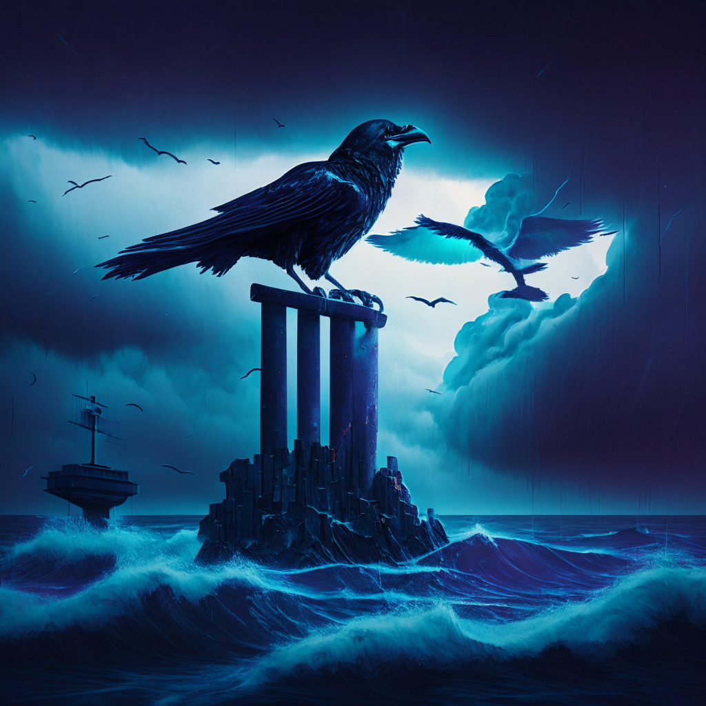 A stormy seascape at dusk, a looming regulatory gavel hovering over digital code representing DeFi protocols, light trails mapping out future exchanges. A modern art aesthetic, conveyed with an air of anticipation and uncertainty. A crow perched on the gavel personifying vigilance, watching the crypto innovation continue amidst this turbulence.