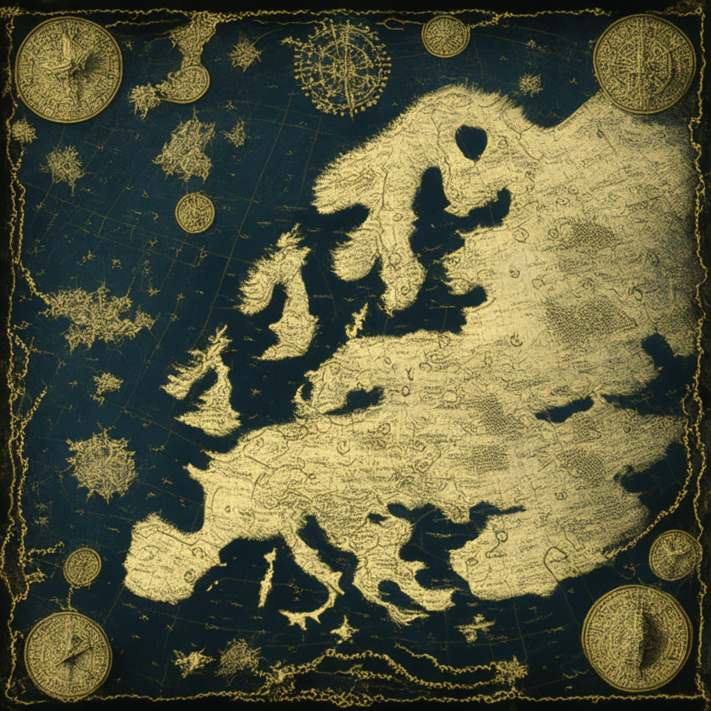 An antique map of Europe under stormy skies, cryptic symbols representing cryptocurrencies scattered across, dramatic chiaroscuro light setting, shedding selective light on a distant shining, yet ambiguous figure of a Euro-pegged stablecoin. Faintly, sweeping, Gustav Klimt style patterns indicating regulatory complexities. Mood of uncertainty and anticipatory turmoil.