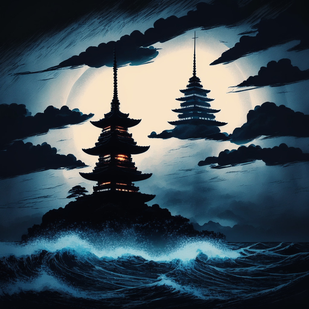 A turbulent sea under stormy gray skies symbolizing rough crypto market, neon silhouette of a Japanese pagoda on an islet speaks of Laser Digital's expansion to Tokyo, a sleek modern office with diverse personnel exhibits workforce growth, rays of dawn breaking through the storm denote institutional entry into crypto. Emphasize the mood of uncertainty and hope.