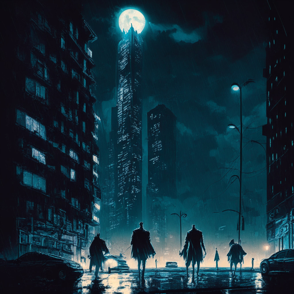 A dark, stormy night on a city street surrounded by high-rise buildings, lit by moonlight and occasional flashes of lightning. In the foreground, a deceptive silver coin showing the symbol GBTC glimmers under a street lamp. In the background, silhouetted figures approach, drawn by the coin's false glow. The scene has a cyberpunk style with neon accents hinting the presence of cryptocurrency scams. Overall mood is ominous, mysterious.