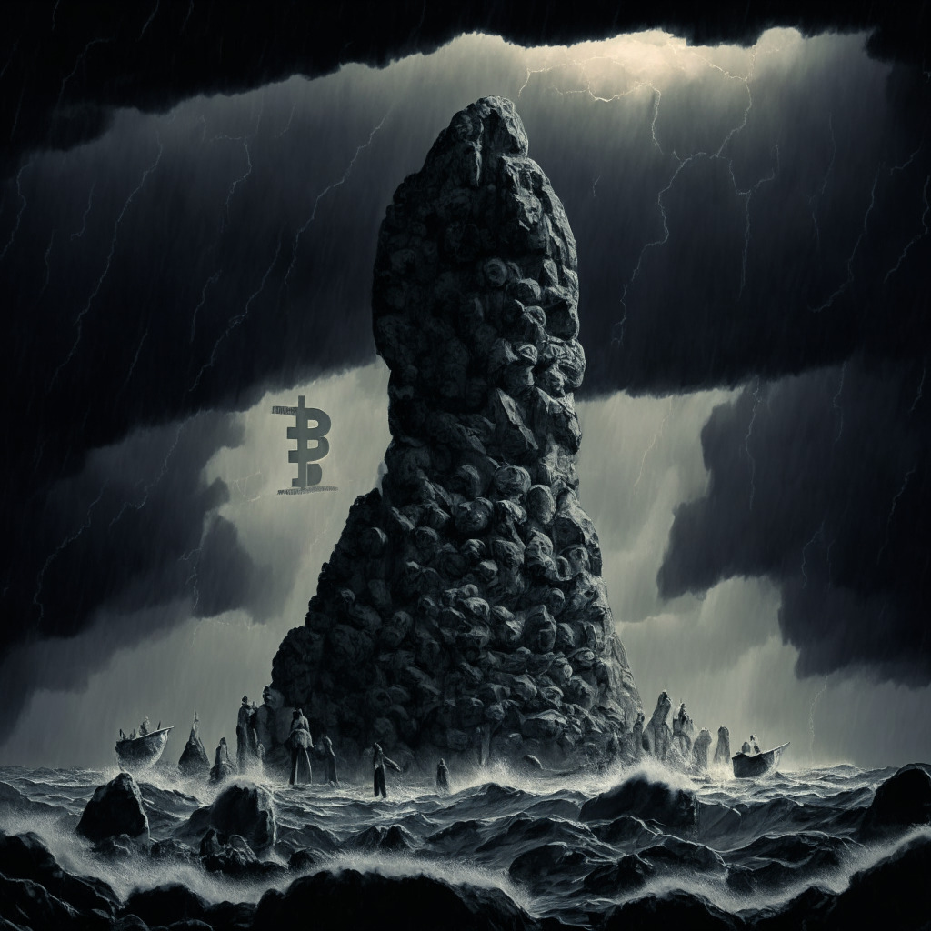 A vast, stormy sea under a dark, overcast sky, mirroring the turbulent Bitcoin market. The number 26,000 etched into a giant rock figure, portraying the significant BTC support level. In the foreground, investors scale the figure, symbolizing their efforts to stabilize the price. The atmosphere comfortably chaotic, and the light setting dim with occasional flashes of hope.