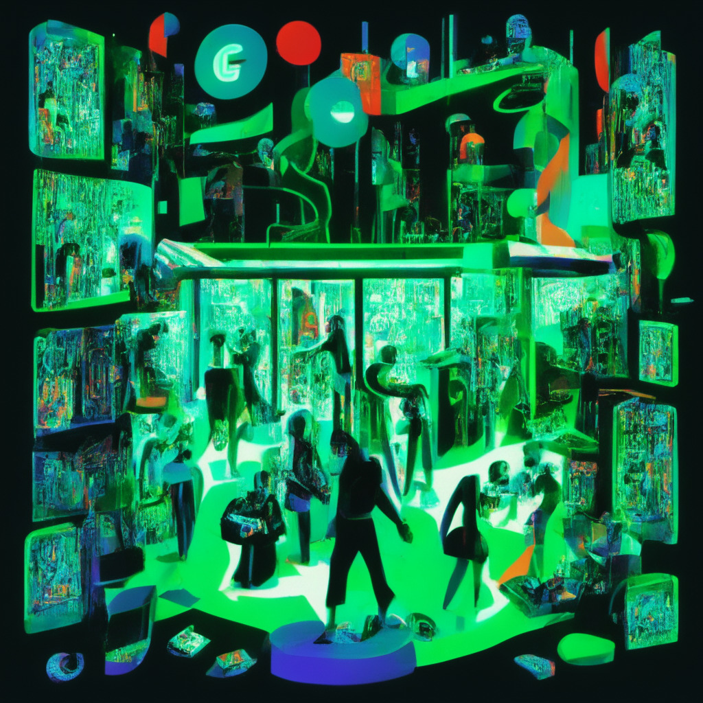 An intricately detailed digital marketplace under the dynamic, emerald glow of Google's green light, framed in a contemporary pop art style. The scene showcases a diverse collection of NFT game items while abstract figures representing blockchain gamers express mixed emotions. Views shift across from a darkened 'Metaverse' on one side, bustling with activity in the East to a quieter West side. Emerging from the shadows is a representation of an exploitive breach. The moody lighting accentuates wariness, uncertainty and opportunity.