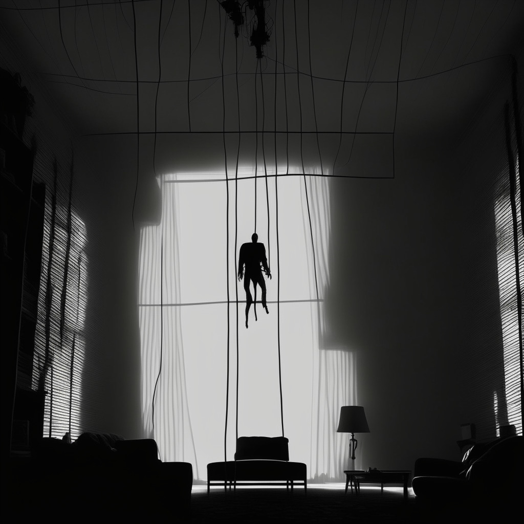 A high-wire tension scene in monochromatic noir style. Light subtly piercing the oppressive government surveillance living room. Looming shadowy silhouette of a figure caught between swiftly vanishing blog posts and emerging cryptocurrency symbols. Mood: Intense uncertainty tinged with hope.