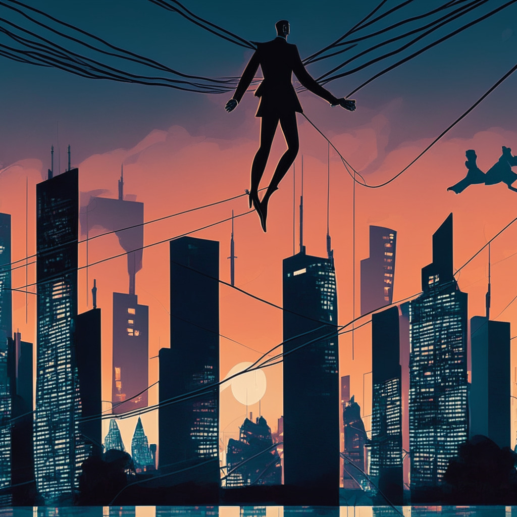 Dusk settling over a digital cityscape signifying the crypto-promotion landscape in the UK, UK's Financial Conduct Authority illustrated as a stern, authoritative figure imposing rules, a tightrope walker symbolizing UK's paradox handling crypto-regulation and fostering innovation, gloomy light setting indicating apprehensions, styled in neo-futurism aesthetic, conveying a tense mood.