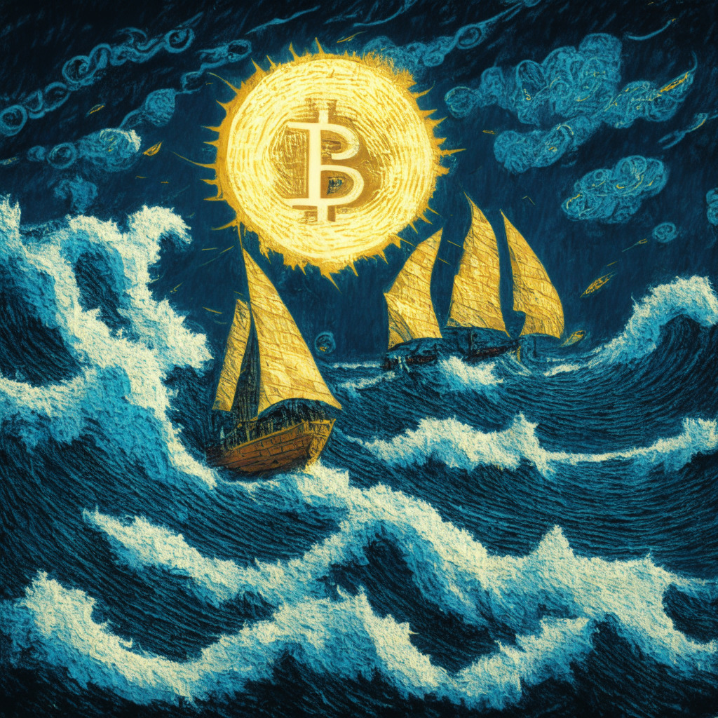 A storm-ridden financial sea with a Bitcoin ship flagging in mid-wave, surrounded by altcoin sailboats on a turbulent path. The sun, representing SEC’s potential decision, casts a rare glimmer of hope on the Bitcoin ship. The mood is tense, depicted in a Van Gogh's Starry Night style with swirling intense strokes.