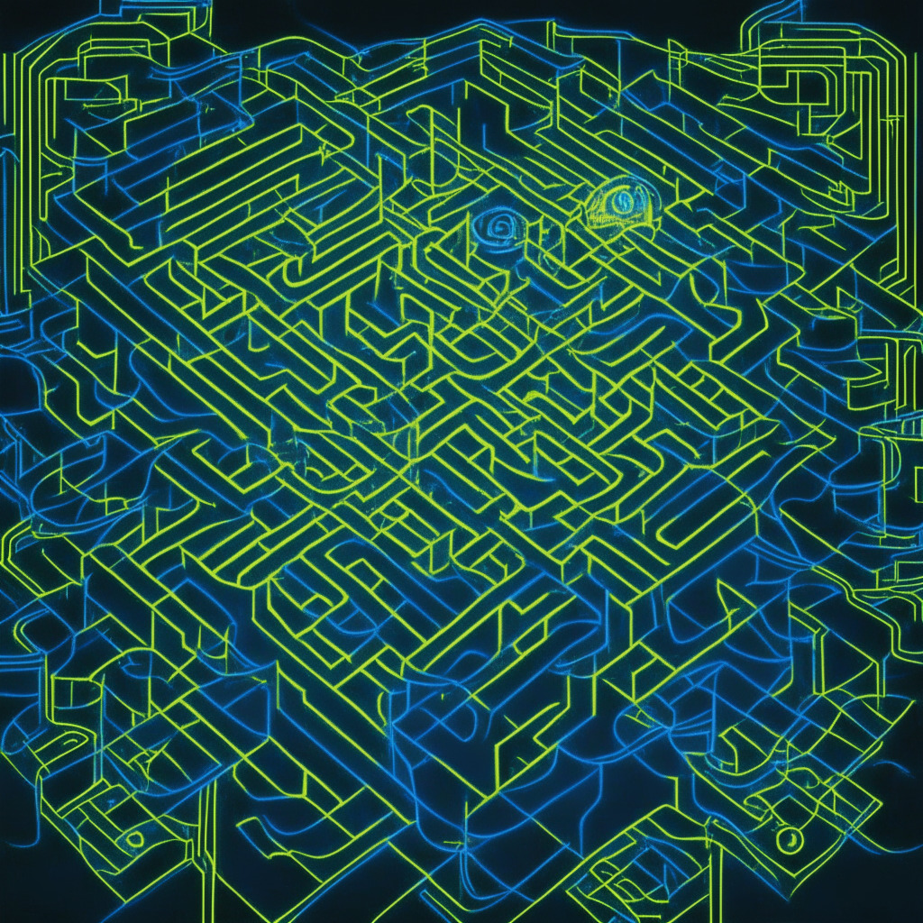 An intricate labyrinth made of pure electric energy representing the Lightning Network, illuminated pathways as channels, maze-like complexities illustrating routing threats come alive in cyberpunk style. Luminescent shades of blue and electric yellow signify the dynamic challenges, switching to soothing green to denote security measures. The white lightning in the center symbolizes Bitcoin. Mood is enigmatic yet hopeful.