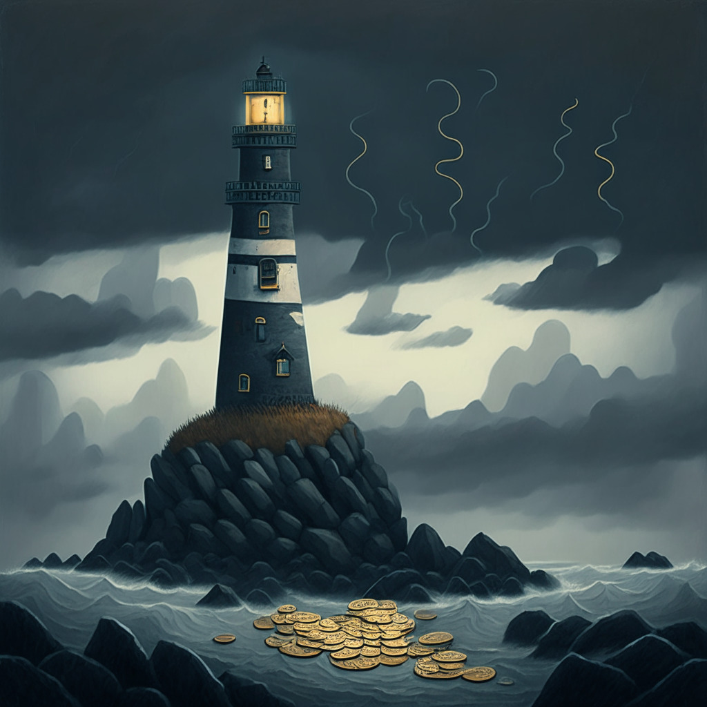 Rugged landscape of digital tokens and coins symbolizing US crypto market against an overcast sky, maze-like blocks embodying regulatory hurdles, a distant lighthouse representing friendlier regulatory environments, in the style of a surrealist painting. The gloomy, dusky light setting imparts an uneasy, uncertain mood.