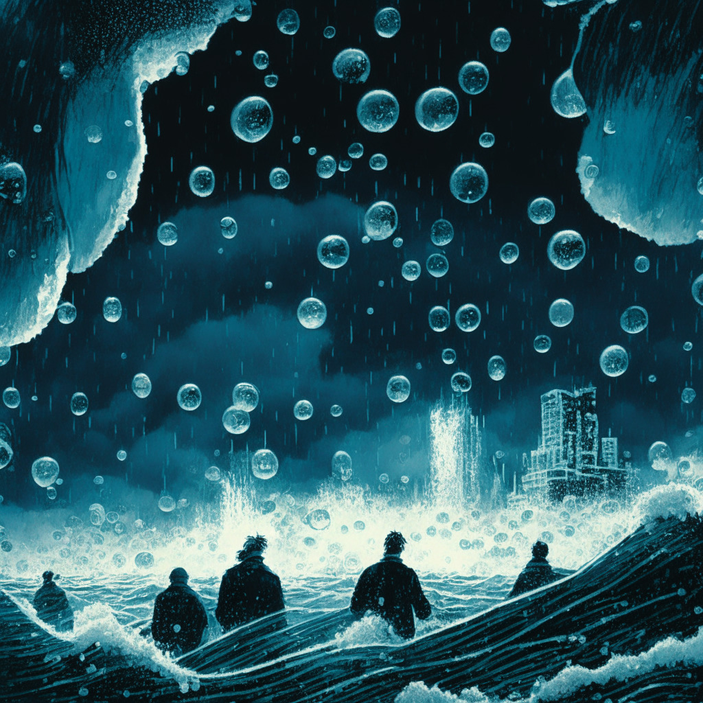 A stormy, uncertain financial seascape under an icy evening gloom, shoals of Nonfungible Tokens seemingly in a state of suspended animation. Translucent bubbles suspended, caught between a hopeful burst upwards and dread of a spiraling downturn. Foreground figures of crypto enthusiasts gaze into the distance, their features etched with anticipation, hope, and skepticism, stepped in an expressionist style illustrating the dichotomy of the situation. The cold, desolate mood one of anticipation and uncertainty.