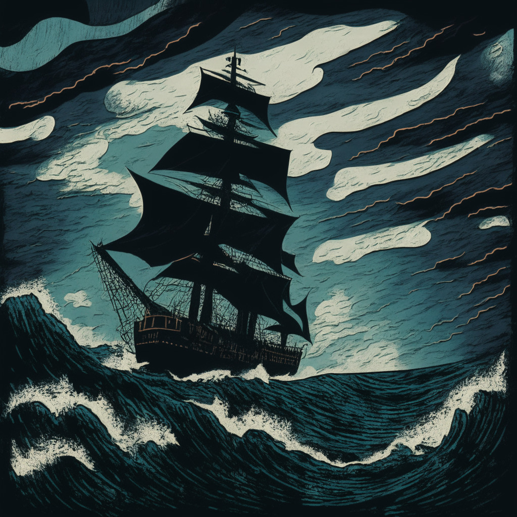 Stormy seas under a brooding sky filled with ominous clouds, with a lone ship sailing on the chaotic waters, a symbol of Bitcoin amid market uncertainty. Artistically rendered in German Expressionism style, emphasizing the tumultuous state of affairs. Use drastic lighting and color contrasts to convey a mood of apprehensive tension, a sense of being at a critical juncture.