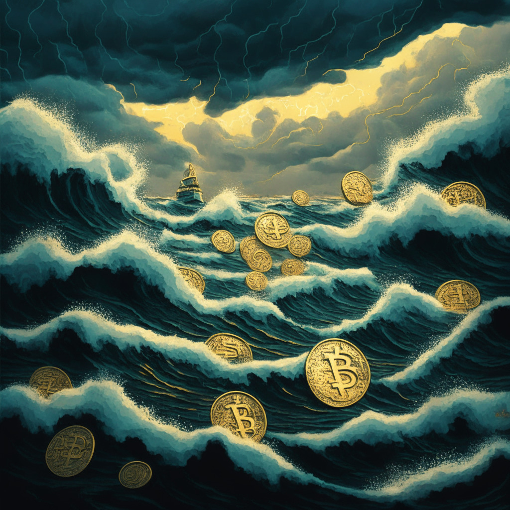 Stormy digital ocean under a grey sky, waves representing data streams swirling, stress-infused color palette, impressionistic style. Golden coins symbolizing cryptocurrencies are being lost into the waves. In the background, a sun is setting, creating a gloomy, suspenseful atmosphere. Figures similar to Russian nesting dolls symbolize the dreaded hacker, lurking.
