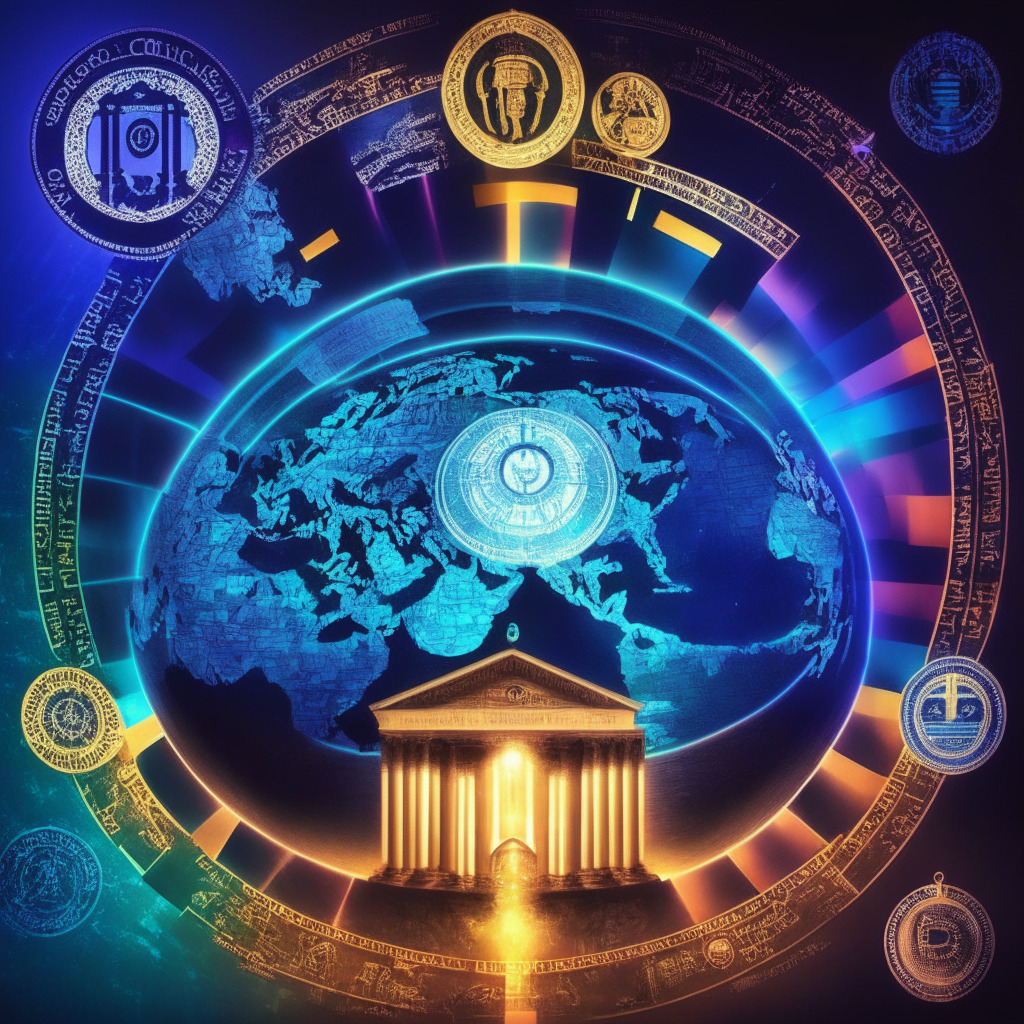 An illustrious Parliament of the world where monetary icons symbolizing IMF & FSB overlook a geopolitical cryptocurrency map, signifying the evolution of crypto regulation. A looming, mysterious light evokes the volatile risks associated, while diverse, colourful paths symbolize consolidated global standards. Tints of soft light beams on stablecoins and DeFi, indicating rising global focus on these aspects. The setting is marked by a sense of guarded optimism, embodying both inherent risk and opportunity.