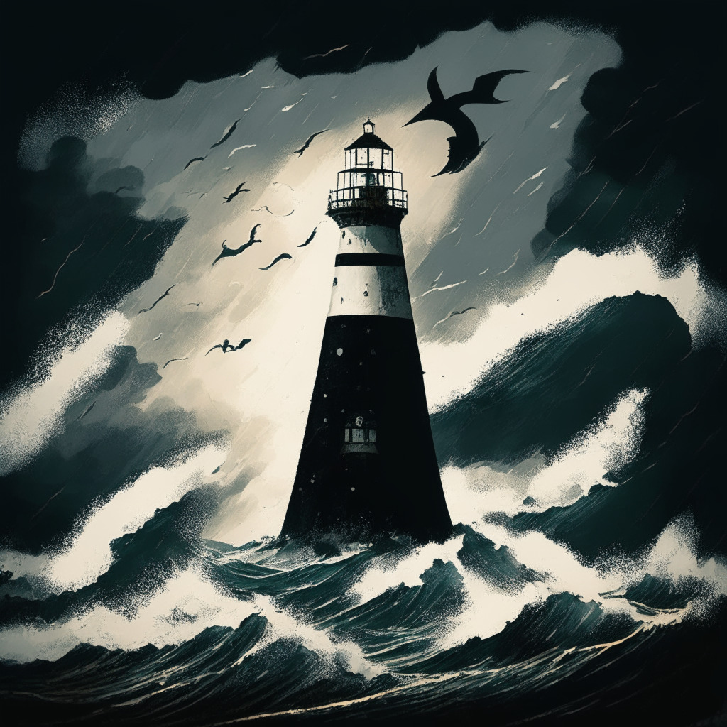A turbulent sea under a stormy,cloudy sky indicative of uncertainty & fear, a steadfast ship sailing amidst the waves symbolizing Binance's unwavering stance, light from a lighthouse casting long, hopeful shadows as it signifies Zhao's assurances, silhouette figures representing departing executives against a background of a early dawn indicating new changes, a balance scale subtly hinting at regulation.