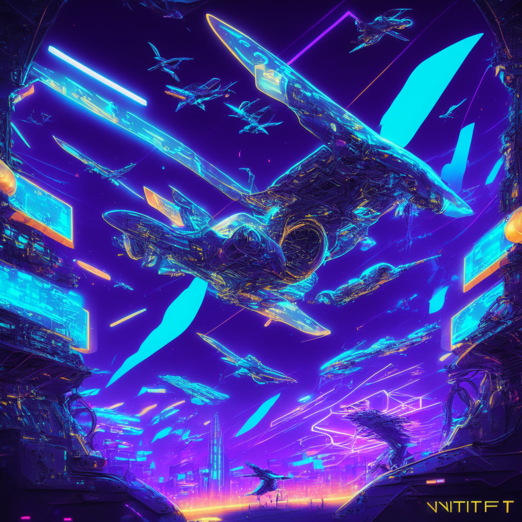 An intricate digital cyberspace scene, with hints of futurism and digitalization. A vibrant mesh of virtual consoles and holographic interfaces, showcasing a bustling NFT art studio, a 2D strategy game's character, and an active NFT trading market pulsating with neon lights. A soaring airplane carrying a shimmering NFT token symbolizes a loyalty program. Finally, a small corner with a family exploring an AI tool. Mood: The Duality of Excitement and Potential Risks.