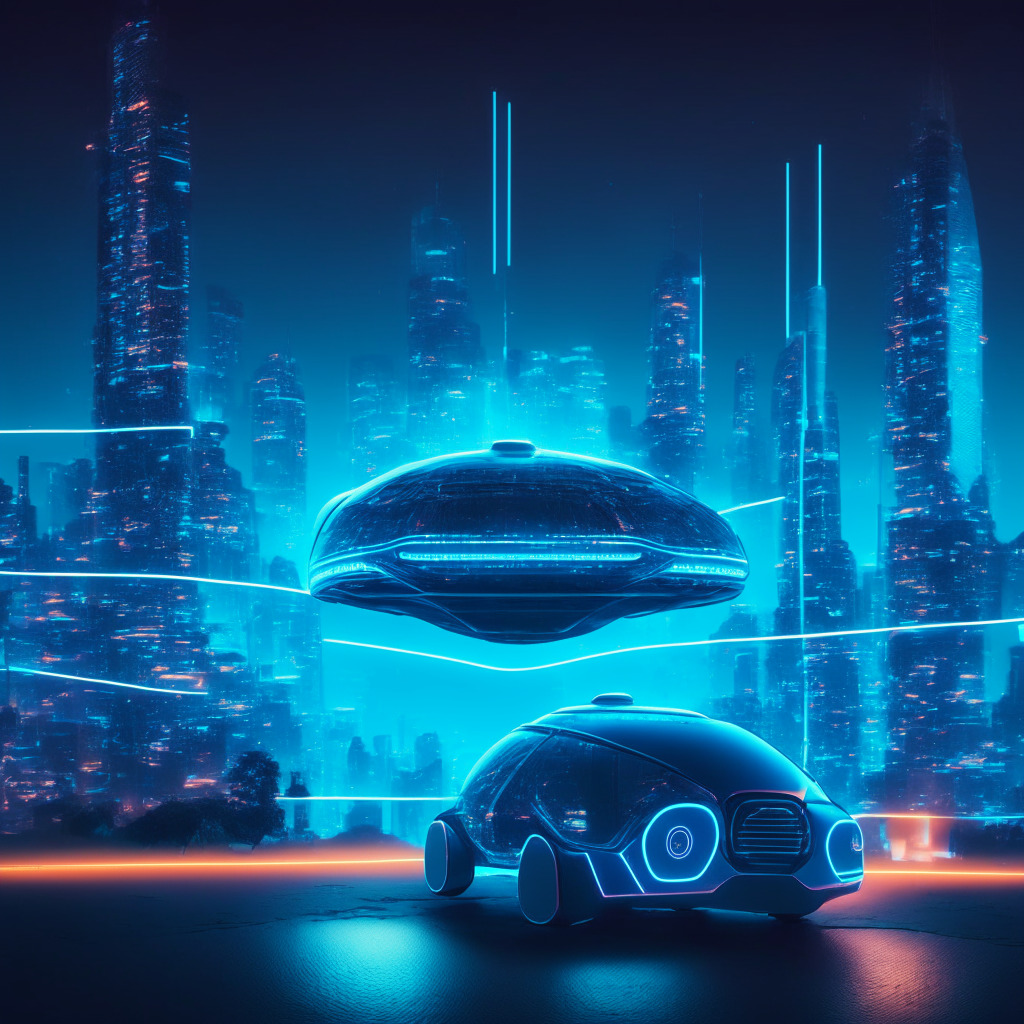A futuristic cityscape during twilight, lit with neon lights reflecting Web3 technologies. Render Grab 'super-app' as an iconic, blue, transparent hover car serving food, accepting digital currency. A ghostly representation of a wallet behind it, hinting Circle's Web3 Wallet. A large, omnipresent, looming shadow of a gavel represents regulation uncertainty. The setting is busy, energetic yet filled uncertainty. Express a strain between innovation and control, hope and fear.
