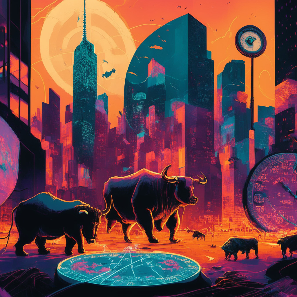 A vibrant cityscape at dusk, illustrating the chaotic world of crypto trading. A pendulum swinging between a bear and a bull, as if predicting market movements. Coins like BTC and ETH in motion, signifying their unpredictable trajectories. A background of sensitive-dial gauges, symbolizing fluctuations. In the foreground, visibly thoughtful investors reflecting optimism and caution, colored with shades of Expressionism.