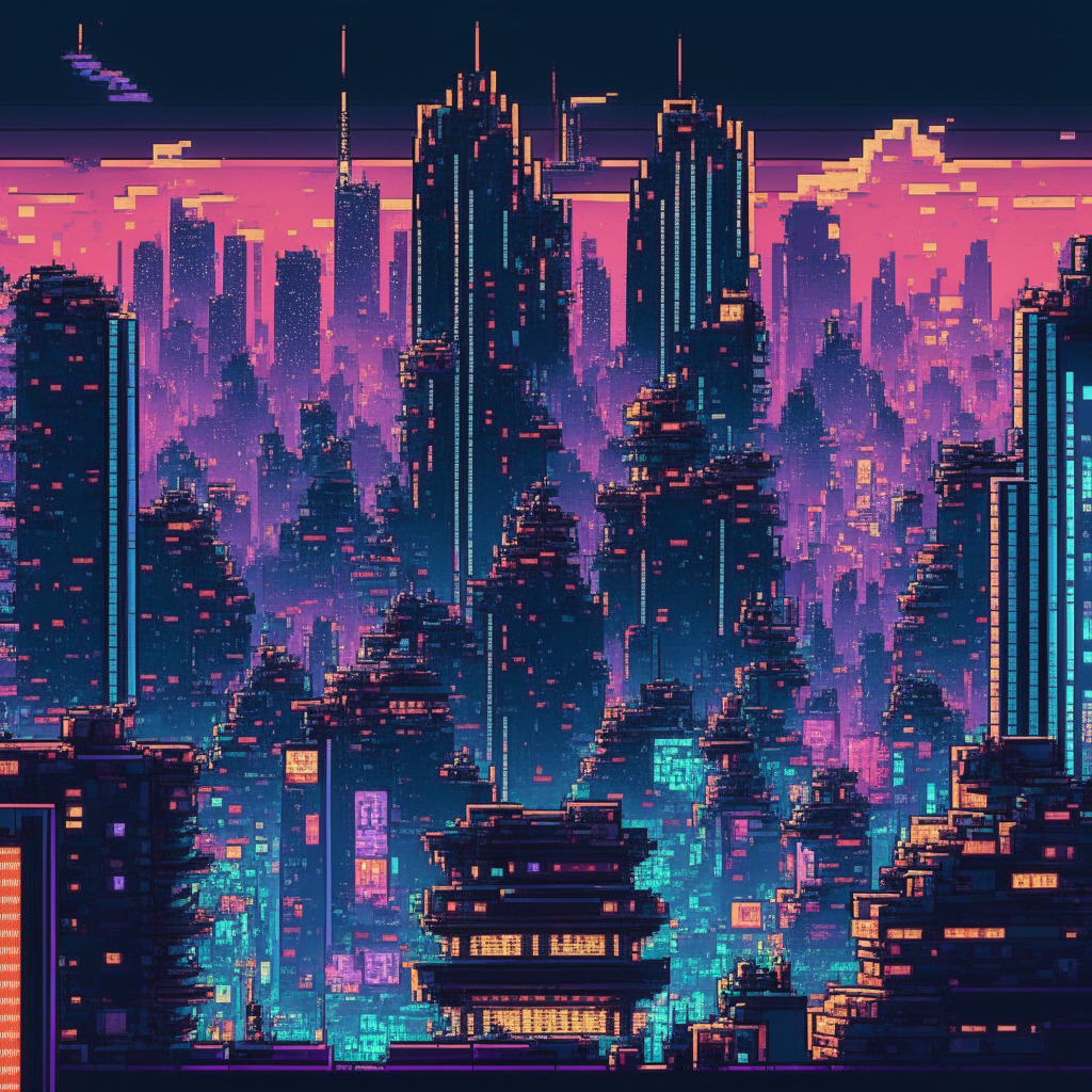 A vibrant, pixel-art cityscape of bustling Seoul under neon lights, embodying the dynamic juxtaposition between traditional gaming and innovative blockchain technology. The scene is filled with subtle allusions to popular games like 'Cats & Soup' among towering skyscrapers. Prominently in the foreground, a symbolic representation of a 'house' bristling with energy, illustrating the heart of 'Avalanche House'. The overall mood is both electric and uncertain, capturing the momentousness of a vast transition. The artistic style is evocative of Asian pop-art, showcasing vibrant colors and lighting to signify the energetic, fast-paced gaming industry.