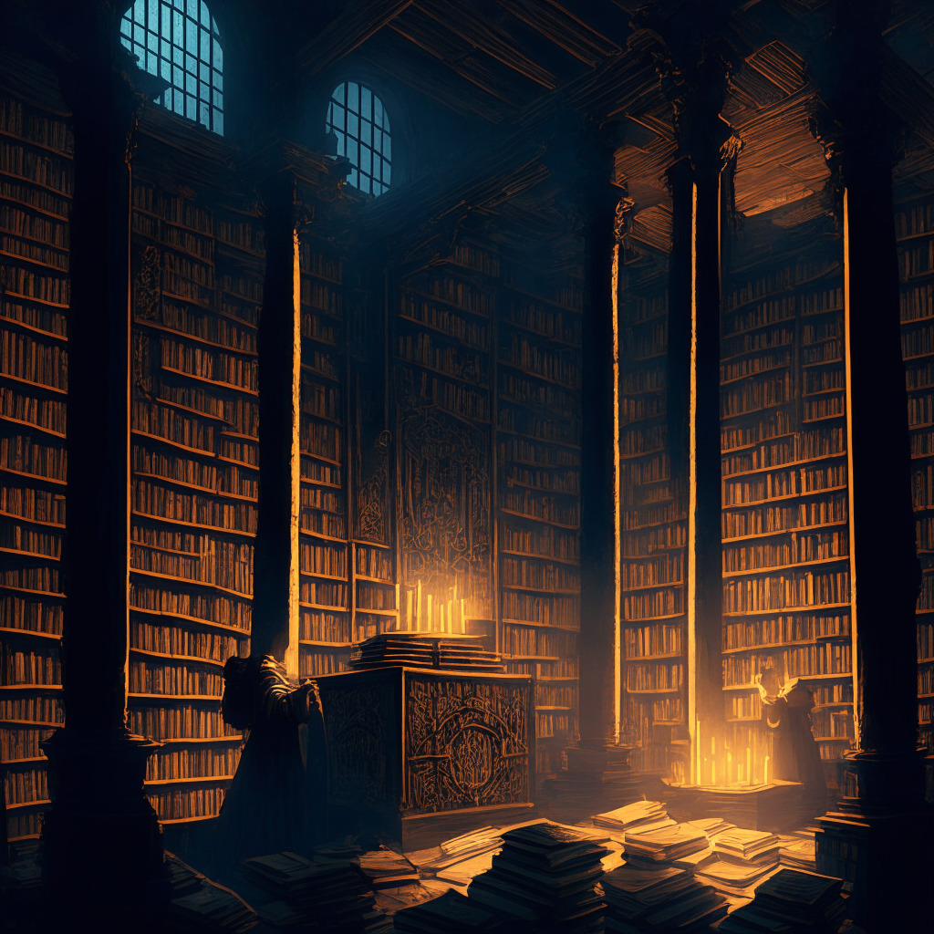 A dimly lit grand library reflecting renaissance art style. Stacks of ancient books symbolizing bitcoin blockchain technologies are arranged on the wooden shelves. Two factions in a fervent debate, one heralding a promising protocol 'runes', represented by an ornate, glowing, magical rune stone, the other - skeptics scrutinizing a cluttered heap of counterfeit coins, alluding to 'junk' UTXOs. The mood is intense, teetering between skepticism and potential breakthrough.