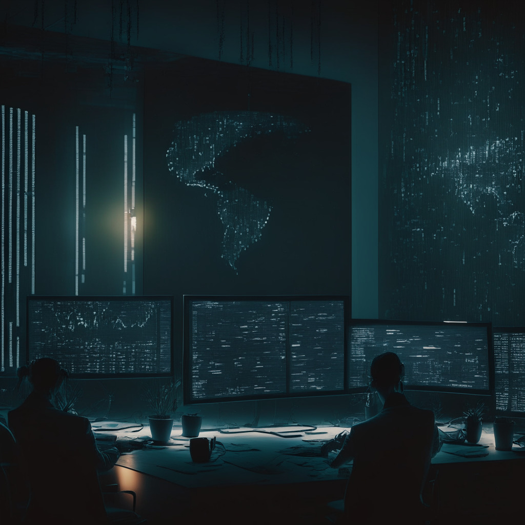 A dimly lit, modern office scene under candlelight, digital charts showing rising and falling stats on futuristic screens, a large, metallic Bitcoin symbol placed prominently at the centre. Unseen entities holding it aloft, portraying its relevance in an enigmatic, influential manner. Academic aesthetics. Tech-noir mood, tension between caution and optimism present.