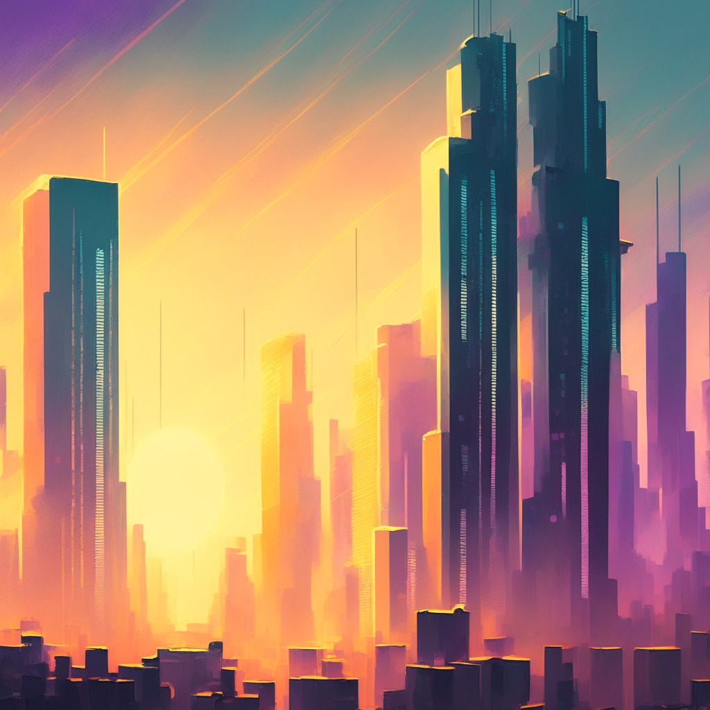Sunrise on a futuristic cityscape representing emerging blockchain future, building facades shimmering with binary codes, symbolic cryptocurrency coins in the sky. Moody undercurrents visible in the form of ambiguous shadows. Palette of optimist pastel shades, with a touch of uncertainty in deeper tones, in an impressionist style.